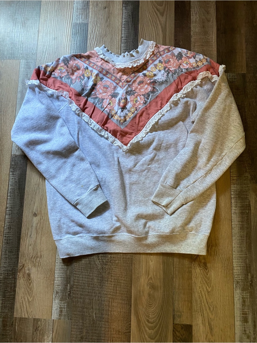 Floral Lace Yoke Sweatshirt in Coral & Heather Gray VINTAGE